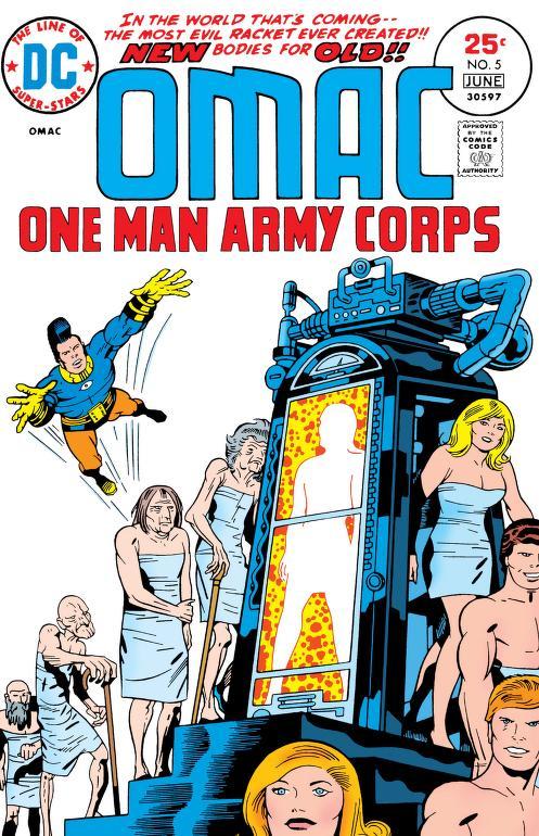 COVER OF OMAC: ONE-MAN ARMY CORPS NO. 5. OMAC LEAPS TOWARD A LINE OF ELDERLY PEOPLE STEPPING INTO A MACHINE AD STEPPING OUT AS YOUNG