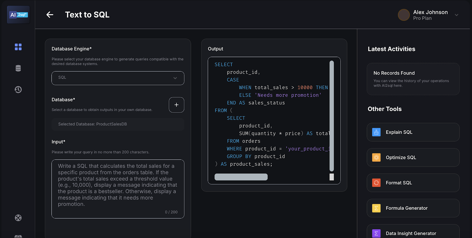 AI2sql: Best for automated SQL query generation and optimization