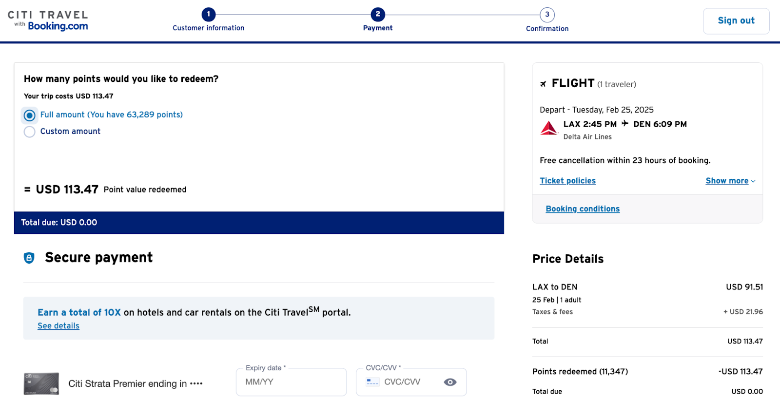 screenshot of a citi booking in the travel portal