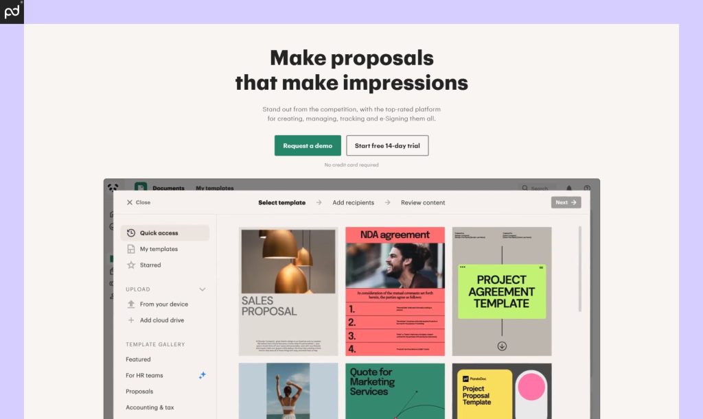 An Image Of The PandaDoc Homepage, Featuring A Demo Of The Template Library And The Words “make Proposals That Make Impressions