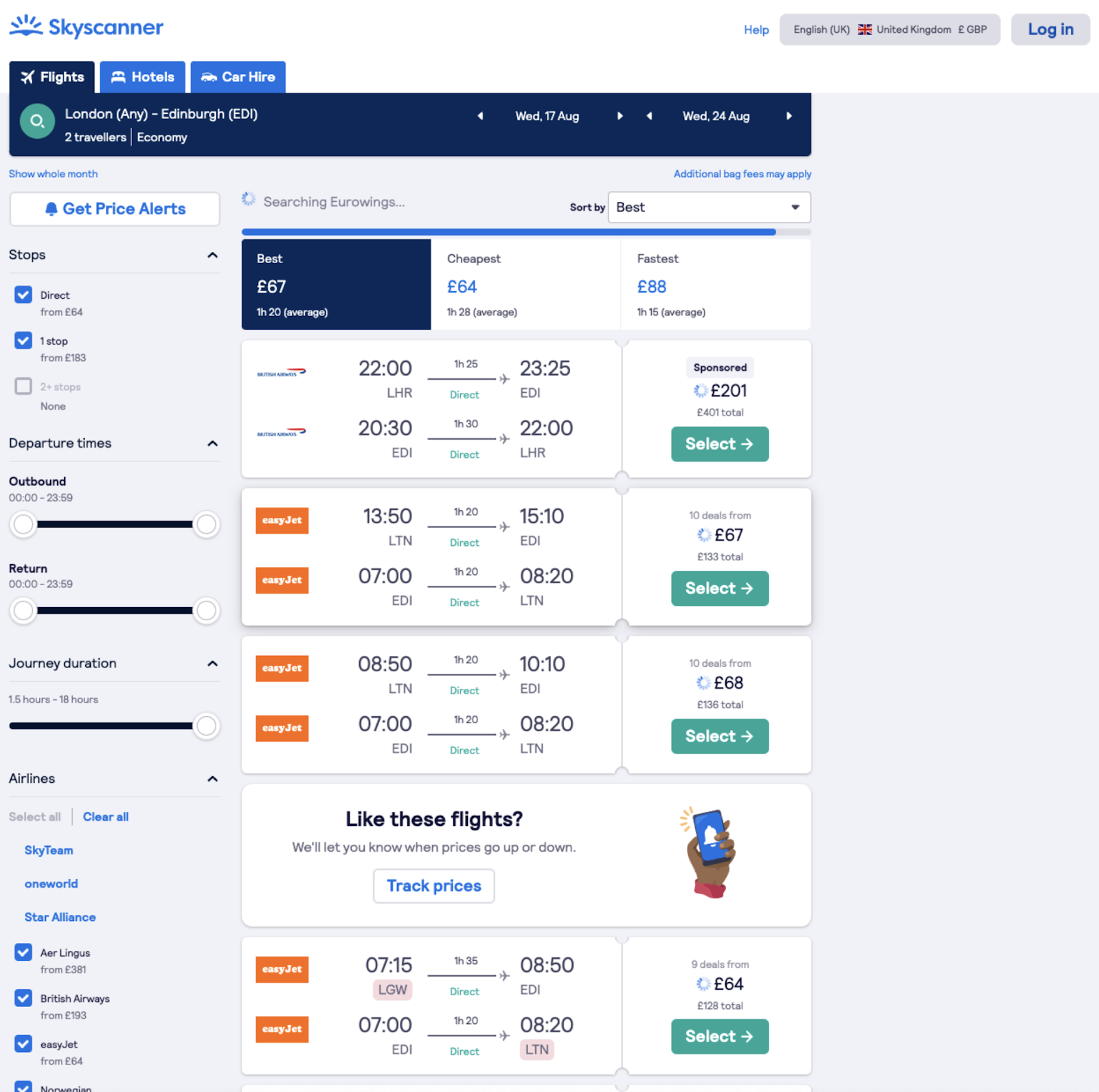 skyscanner flight comparison site