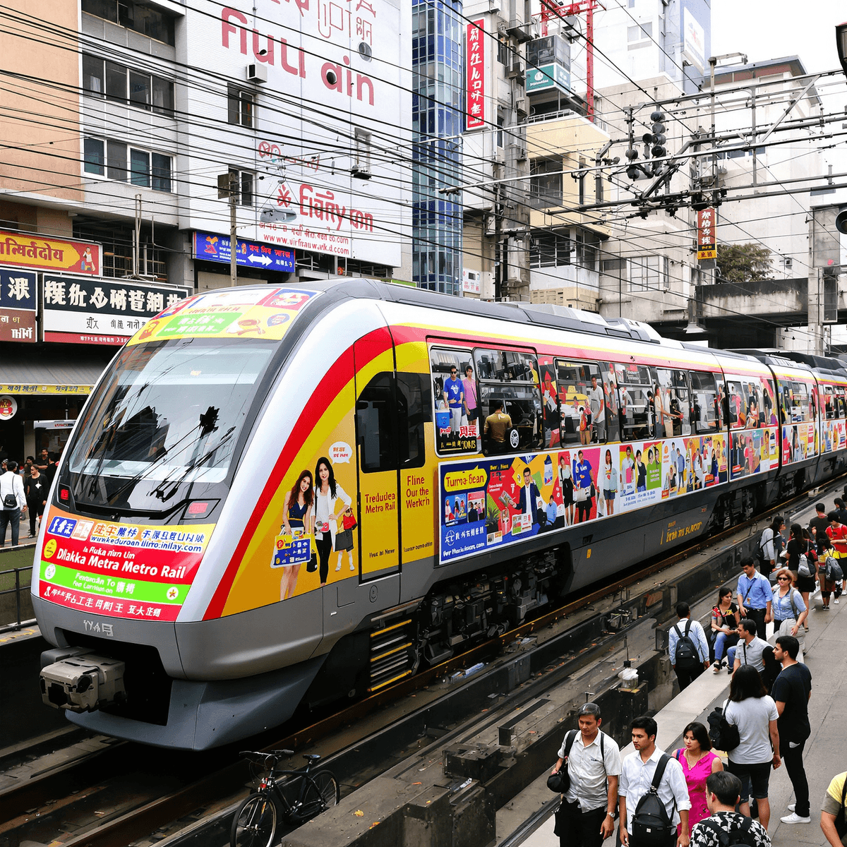 A vibrant Dhaka Metro Rail train with colorful ads speeding through a busy city with diverse commuters in a realistic urban setting.