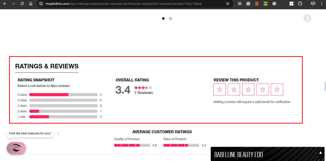 Clear rating shown on Maybelline product page