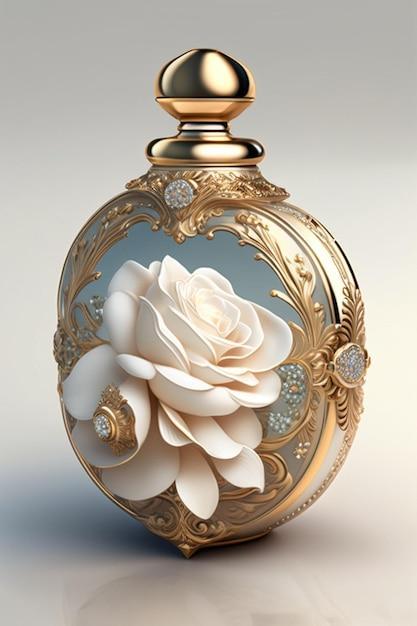 Premium Photo | A beautiful rococo style perfume bottle surrounded by white  roses Generative AI_11