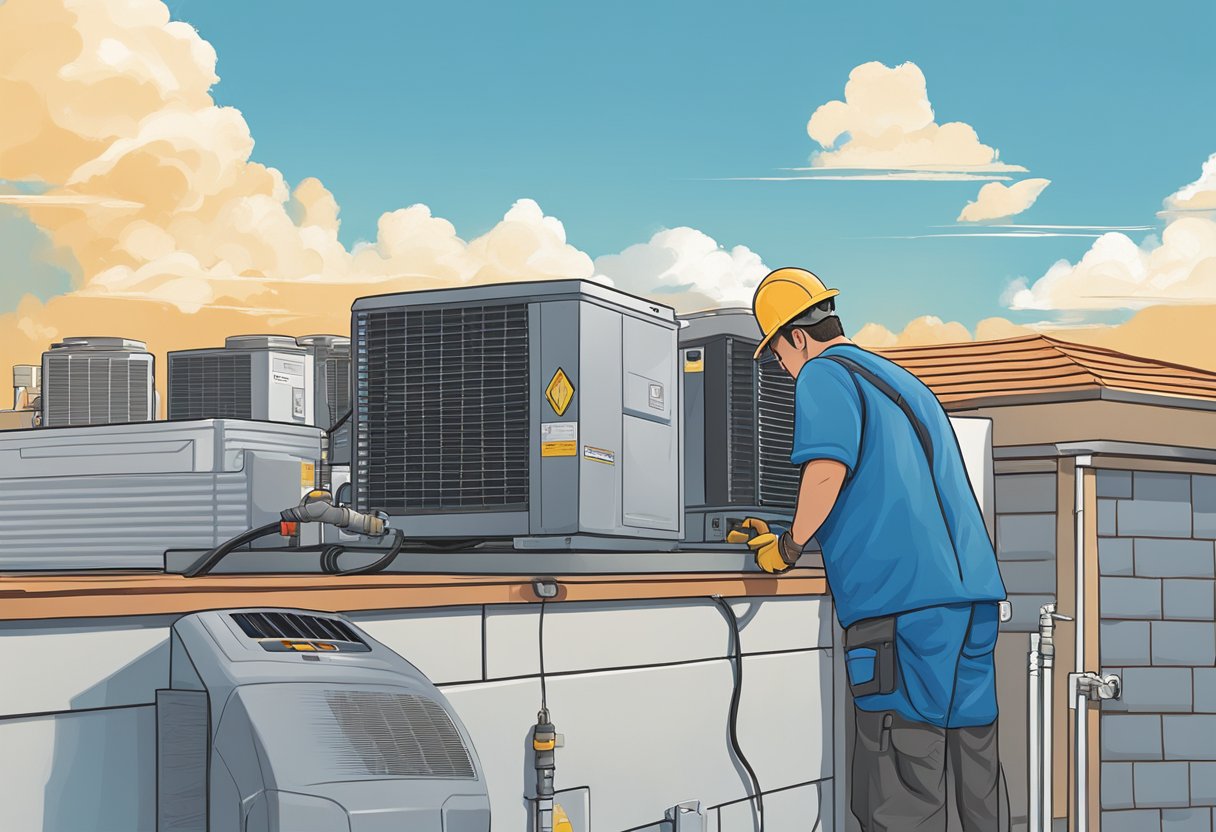 A technician inspecting an air conditioning unit on a rooftop in Fulton County. Tools and equipment scattered around. Blue sky in the background