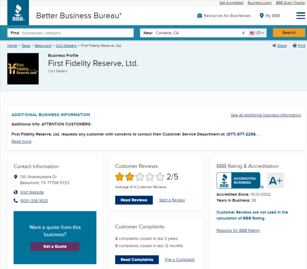 First Fidelity Reserve complaints and BBB rating