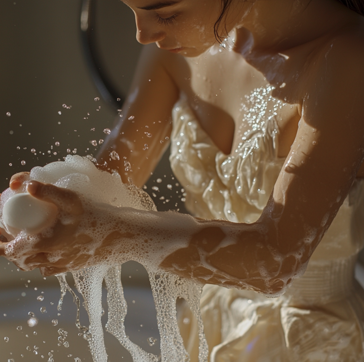 Young female woman in the shower lathering foaming creamy body wash to her body to cleanse her skin