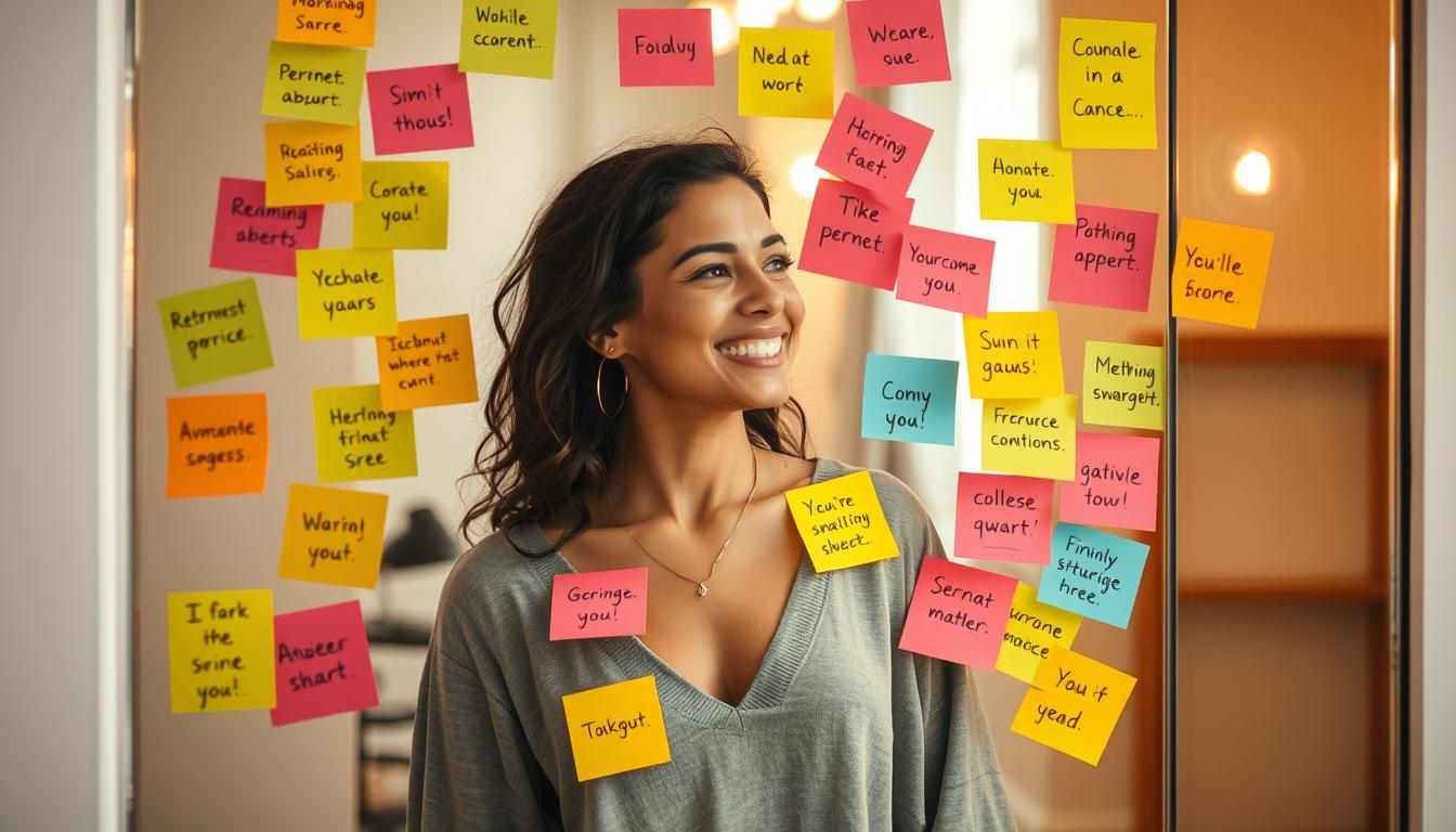 An image of a person standing in front of a mirror, surrounded by positive affirmations written in bright colors on sticky notes. They are smiling and radiating confidence as they speak kind and encouraging words to themselves. The room is filled with warm light and a sense of peace and contentment.