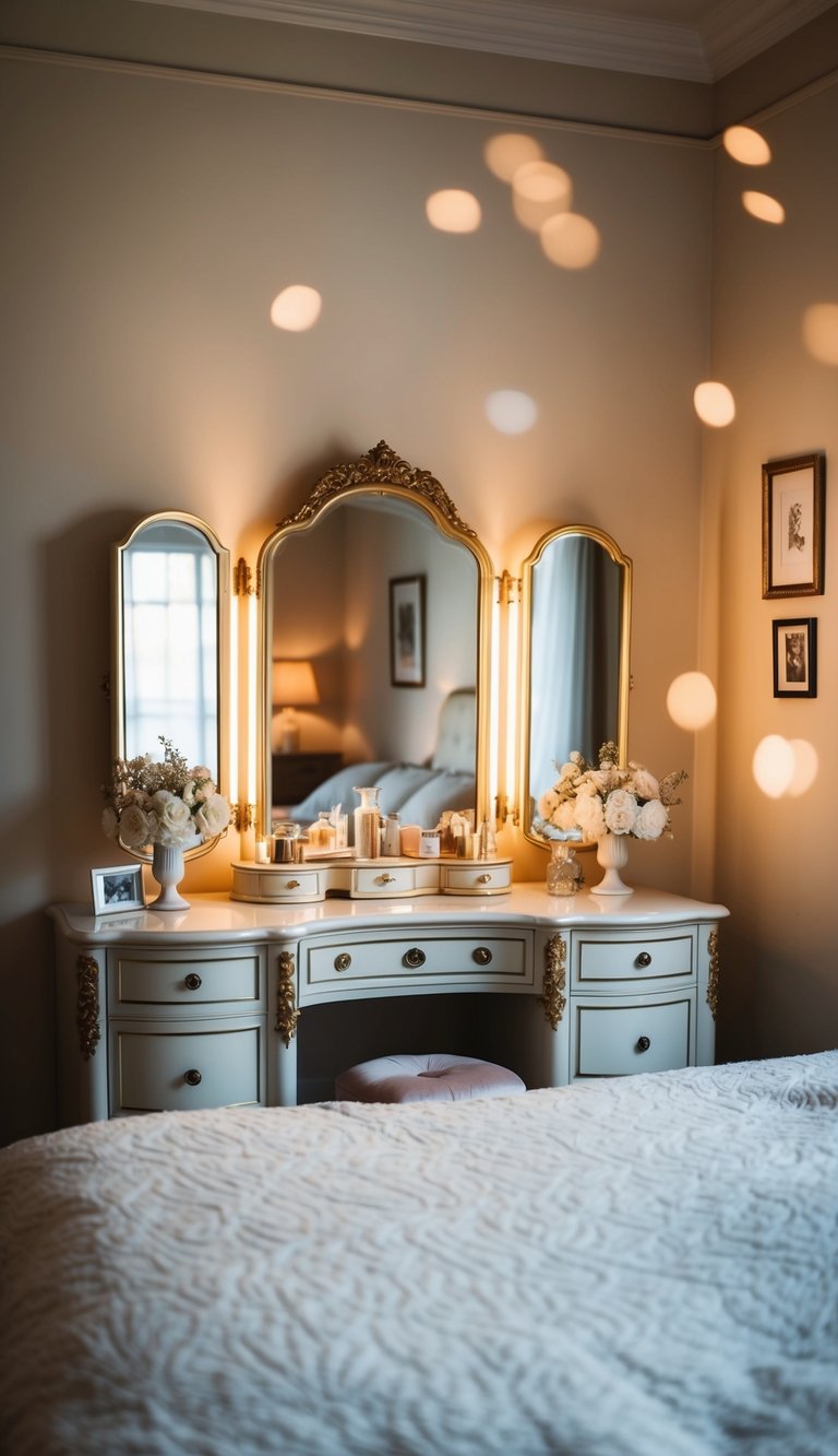 A cozy, elegant bedroom with a vintage vanity, soft lighting, and luxurious bedding