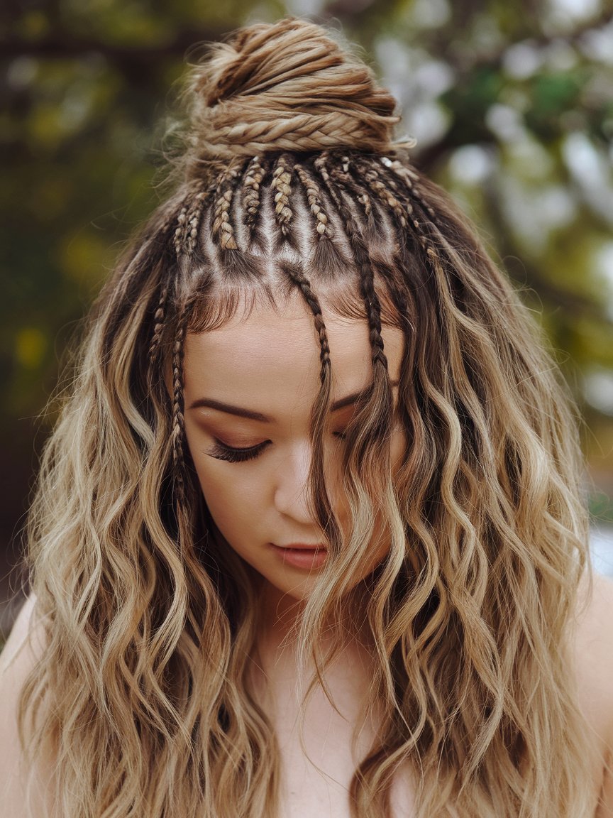 13. Messy Goddess Braids with Tousled Curls