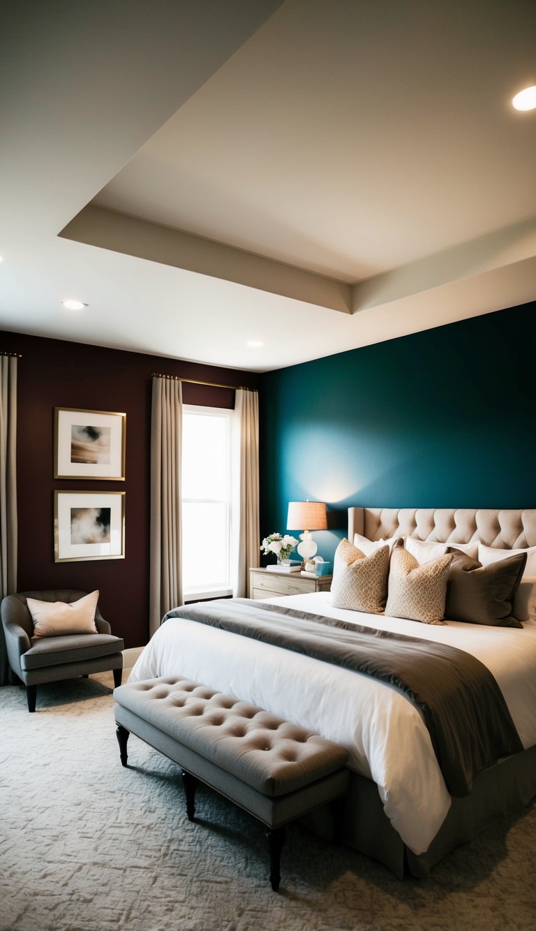 A cozy master bedroom with a bold accent wall in a rich, deep color. A large, plush bed with luxurious linens and soft lighting create a romantic atmosphere