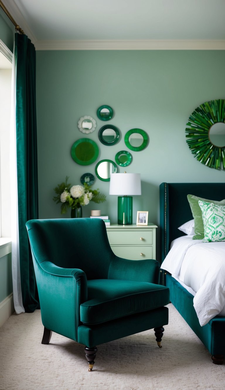 A dark green upholstered chair sits in a serene bedroom adorned with various shades of green decor and accents