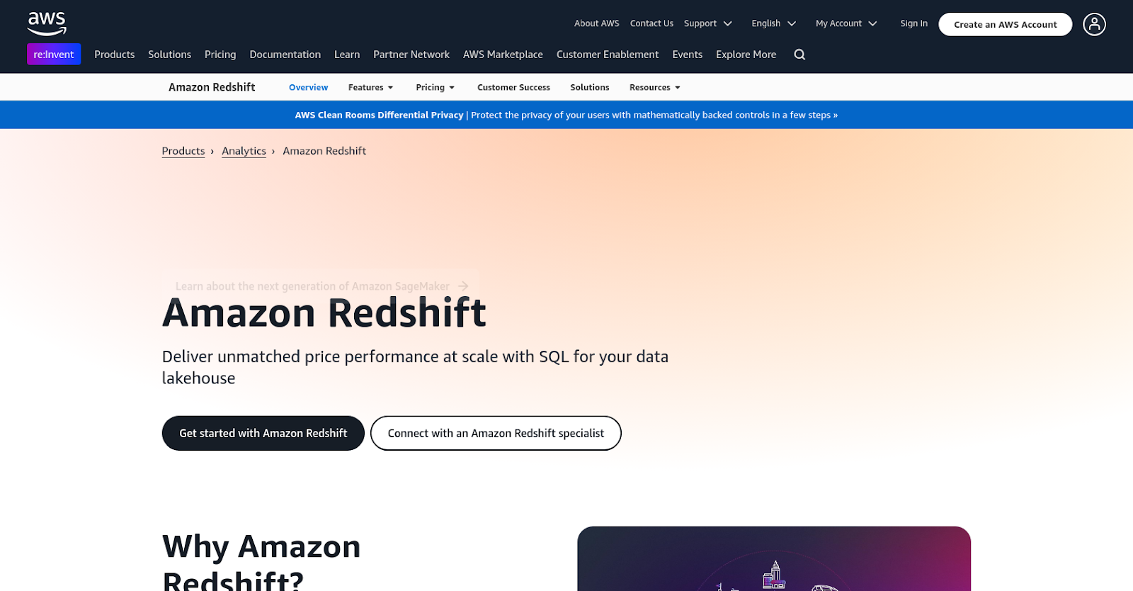 Amazon Redshift homepage