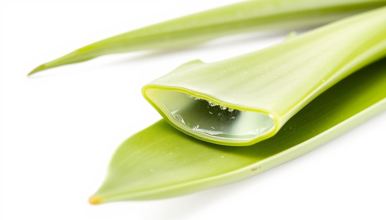 Fresh aloe vera plant with cut leaf showing clear gel for face application