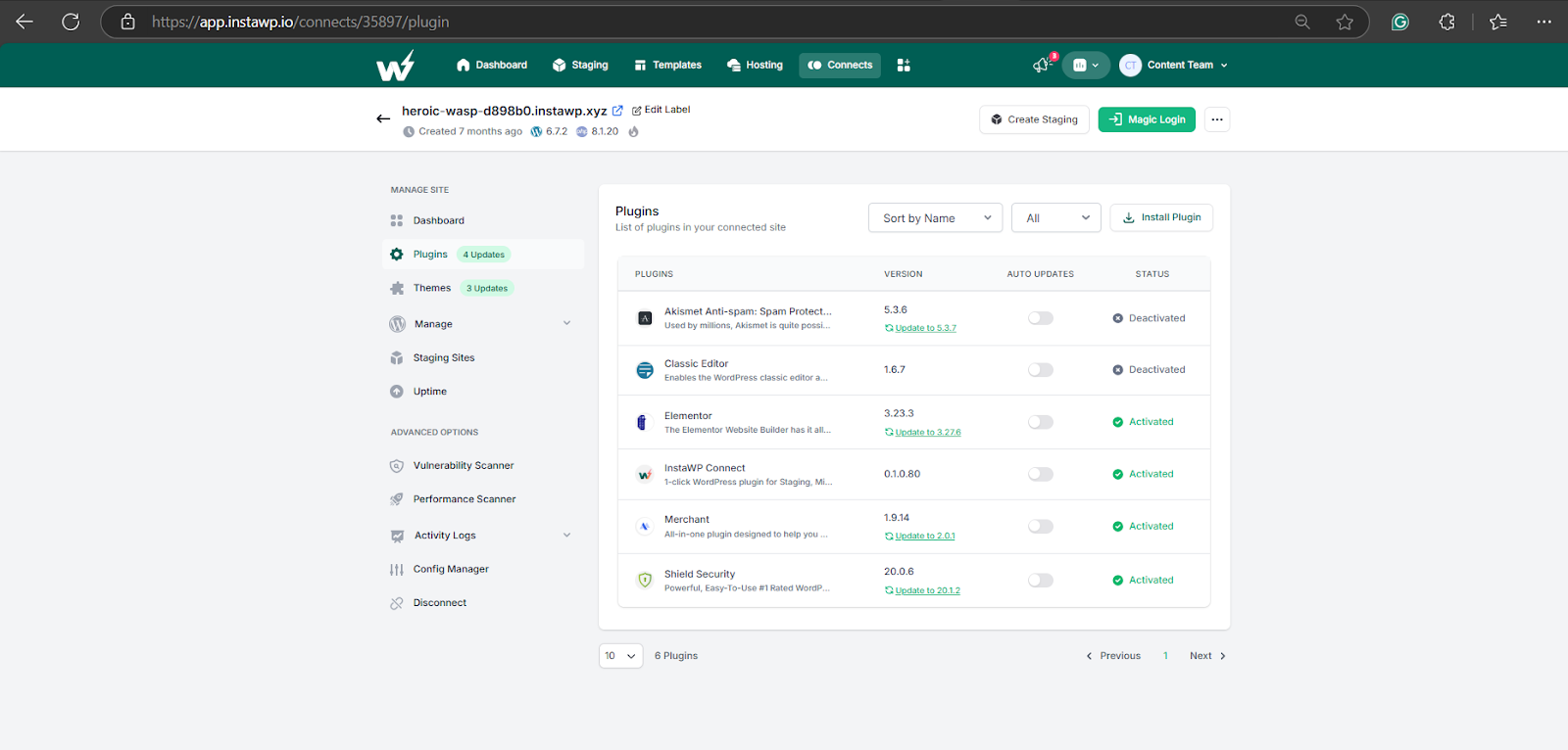 Using InstaWP site management to deactivate plugins in bulk 