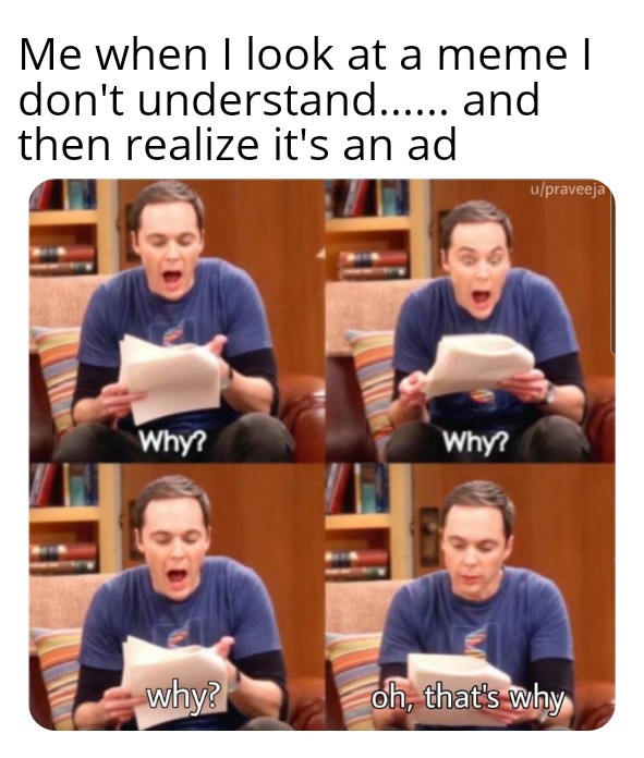 Meme of Sheldon from The Big Bang Theory talking about seeing an ad to demonstrate the difference between ads and sponsored posts on instagram