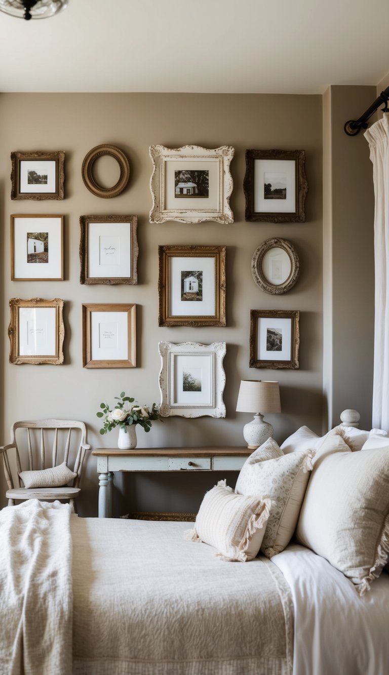 A cozy bedroom with vintage decor, featuring a collection of shabby chic picture frames on the wall. Rustic furniture and soft, muted colors create a farmhouse-inspired atmosphere