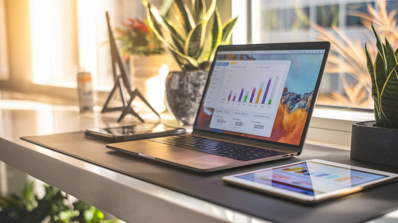 Create a realistic image of a sleek, modern office desk with a laptop displaying a website analytics dashboard showing upward-trending graphs, a smartphone with social media notifications, and a tablet showcasing an online store, all illuminated by warm, natural light from a nearby window, symbolizing business growth through digital presence.