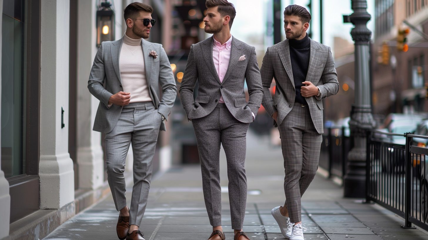 Man modeling three gray suit looks side by side: charcoal gray suit with white shirt and black shoes for business, light gray suit with pink shirt and brown shoes for a wedding, and mid-gray suit with a black turtleneck and sneakers for a stylish weekend outfit. Urban or indoor background with soft lighting to show versatility and mood for each setting. Clean, sharp, and modern menswear styling.