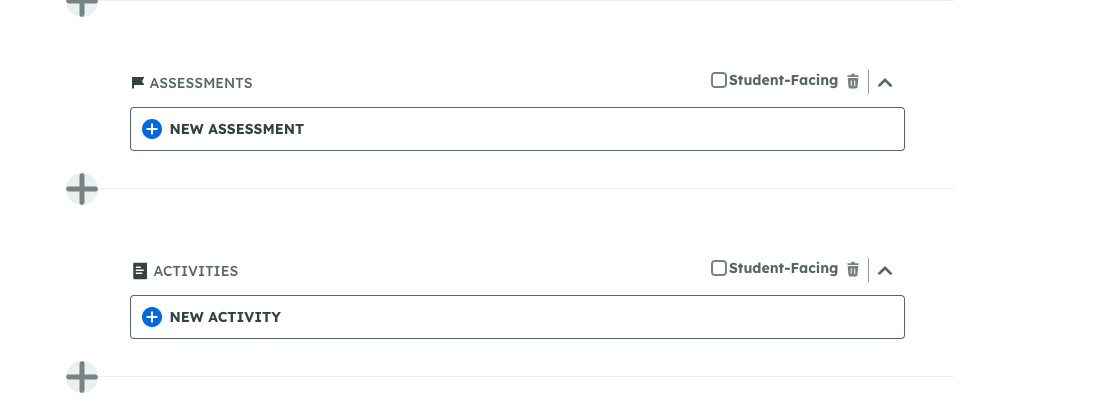 Interface with options to add a new assessment or activity. Student-facing checkbox visible.