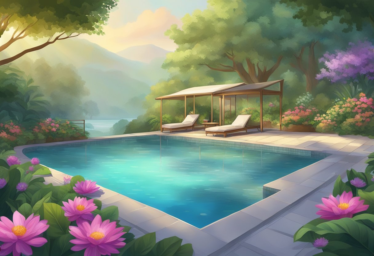 A serene spa with a refreshing pool surrounded by lush greenery and colorful flowers, with a soothing mist in the air