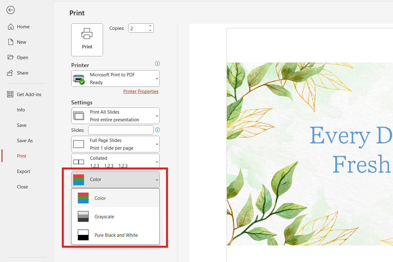 Specifying Color Preference for Printing In PowerPoint interface.