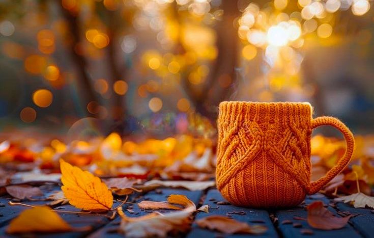 a mitten-wrapped cup of hot coffee amongst the autumn leaves