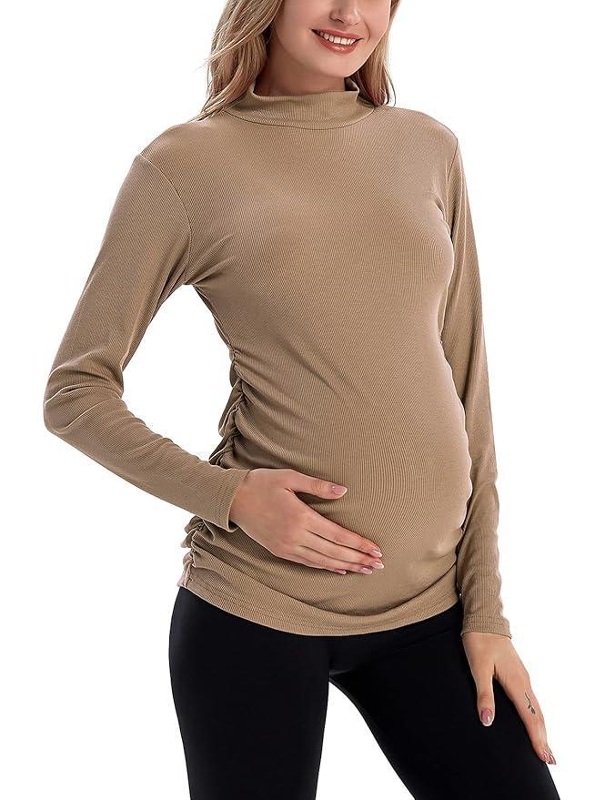Bhome Maternity Shirt Long Sleeve Ribbed Mock Neck Pullover