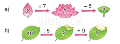 BÀI 45 LUYỆN TẬP CHUNGI.LUYỆN TẬP 1Câu 1: Tìm phép nhân thích hợp. Đáp án chuẩn:Câu 2: Tính nhẩm.Đáp án chuẩn:a) 8              14 15    30          16             18 25   40           b) 6              9 3      6         8              7 4 9 Câu 3: Trong trò chơi Ô ăn quan, mỗi ô có 5 viên sỏi. Hỏi 10 ô như vậy có tất cả bao nhiêu viên sỏi?Đáp án chuẩn:10 ô như vậy có 50 viên sỏi.Câu 4: Số?Đáp án chuẩn:II.LUYỆN TẬP 2Câu 1:Tính nhẩm.Đáp án chuẩn:Câu 2:Tìm chuồng cho chim bồ câu.Đáp án chuẩn:Câu 3: Có 35 bạn tham gia đi cắm trại. Cô giáo chia đều các bạn thành 5 nhóm. Hỏi mỗi nhóm có bao nhiêu bạn?Đáp án chuẩn:Mỗi nhóm có 7 bạn.Câu 4: Số?Đáp án chuẩn:III.LUYỆN TẬP 3Câu 1:a) Tìm bông hoa cho ong đậu.b) Bông hoa nào có nhiều ong đậu nhất?Đáp án chuẩn:a) b) Bông hoa có nhiều ong đậu nhất là bông hoa số 10.Câu 2: Số?Đáp án chuẩn:a)  b)2 × 1 = 2 5 : 5 = 15 × 1 = 5 2 : 2 = 1Câu 3: Số?Đáp án chuẩn:Câu 4: >; <; = ?Đáp án chuẩn:a) b)2 x 3 > 4 2 x 4 = 16 : 25 x 6 = 30 35 : 5 < 40 : 8 IV.LUYỆN TẬP 4Câu 1: Tính nhẩm.Đáp án chuẩn:a) 6  3 2b)2045c) 212d) 515 Câu 2: Viết tích thành tổng rồi tính (theo mẫu).Đáp án chuẩn:a) 7 × 3 = 7 + 7 + 7 = 21b) 8 × 4 = 8 + 8 + 8 + 8 = 32 c) 6 × 5 = 6 + 6 + 6 + 6 + 6 = 30Câu 3: Số?Đáp án chuẩn:Câu 4: Khi chuẩn bị cho buổi sinh nhật, mỗi lọ hoa Mai cắm 5 bông hoa. Hỏi 2 lọ hoa như vậy Mai cắm tất cả bao nhiêu bông hoa?Đáp án chuẩn:2 lọ hoa Mai cắm tất cả  10 bông hoa.V.LUYỆN TẬP 5