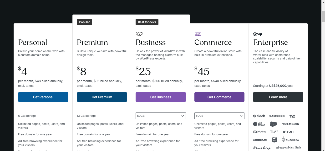 a screenshot of WordPress.com pricing plans