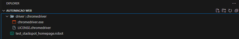 Explorer no plugin do VS Code, onde na foto aberta temos o arquivo test_stackspot_homepage.robot e a pasta crhomedriver dentro com os arquivos dentro crhormedriver.exe e LICENSE.crhomedriver.