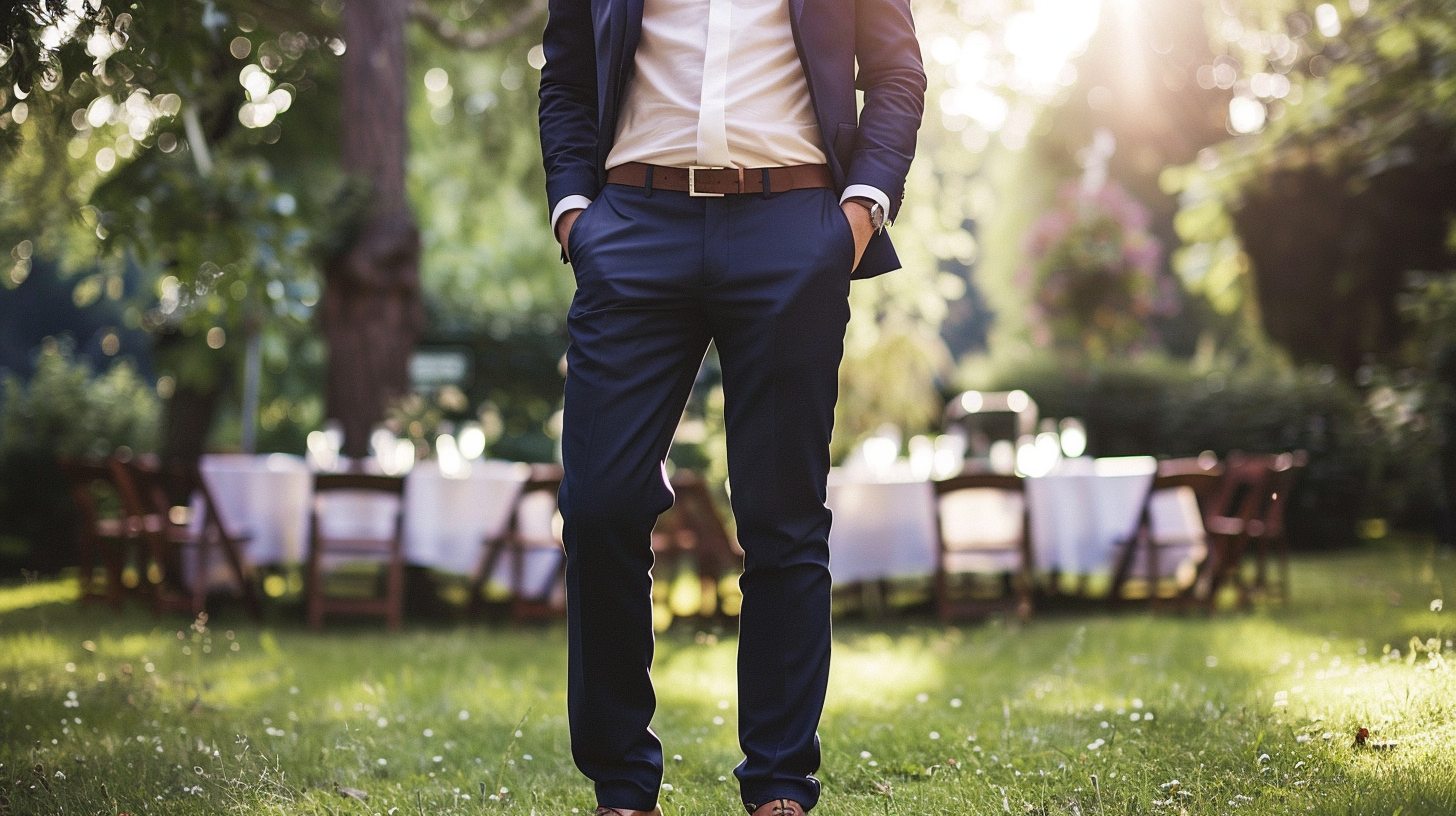 man wearing a tailored navy blue suit with a white shirt and brown shoes, standing confidently at an outdoor wedding venue, classic and timeless style, soft natural lighting