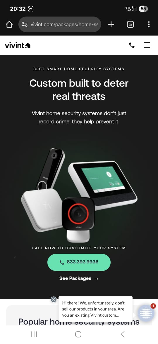 Vivint’s home security service landing page displaying modular package options and collapsible FAQs