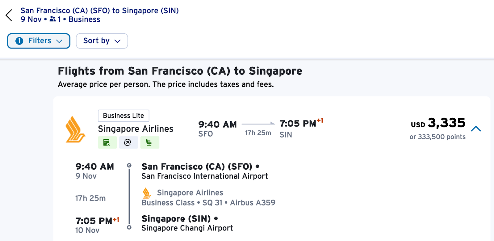 SFO to SIN for 333,500 points