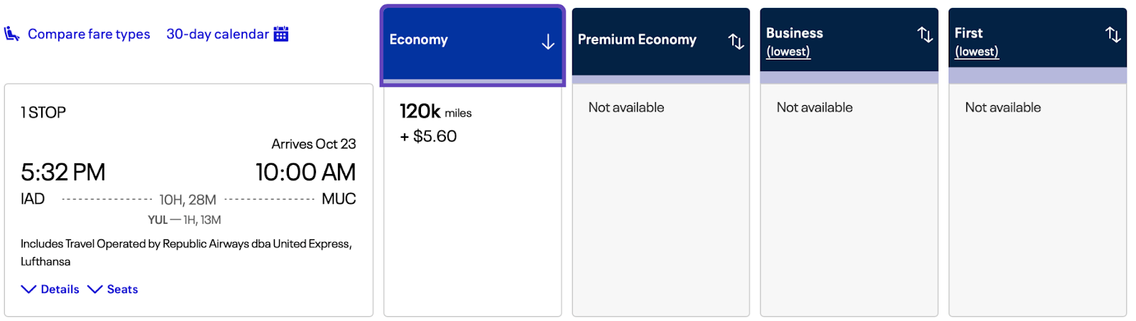 United flight results for economy 