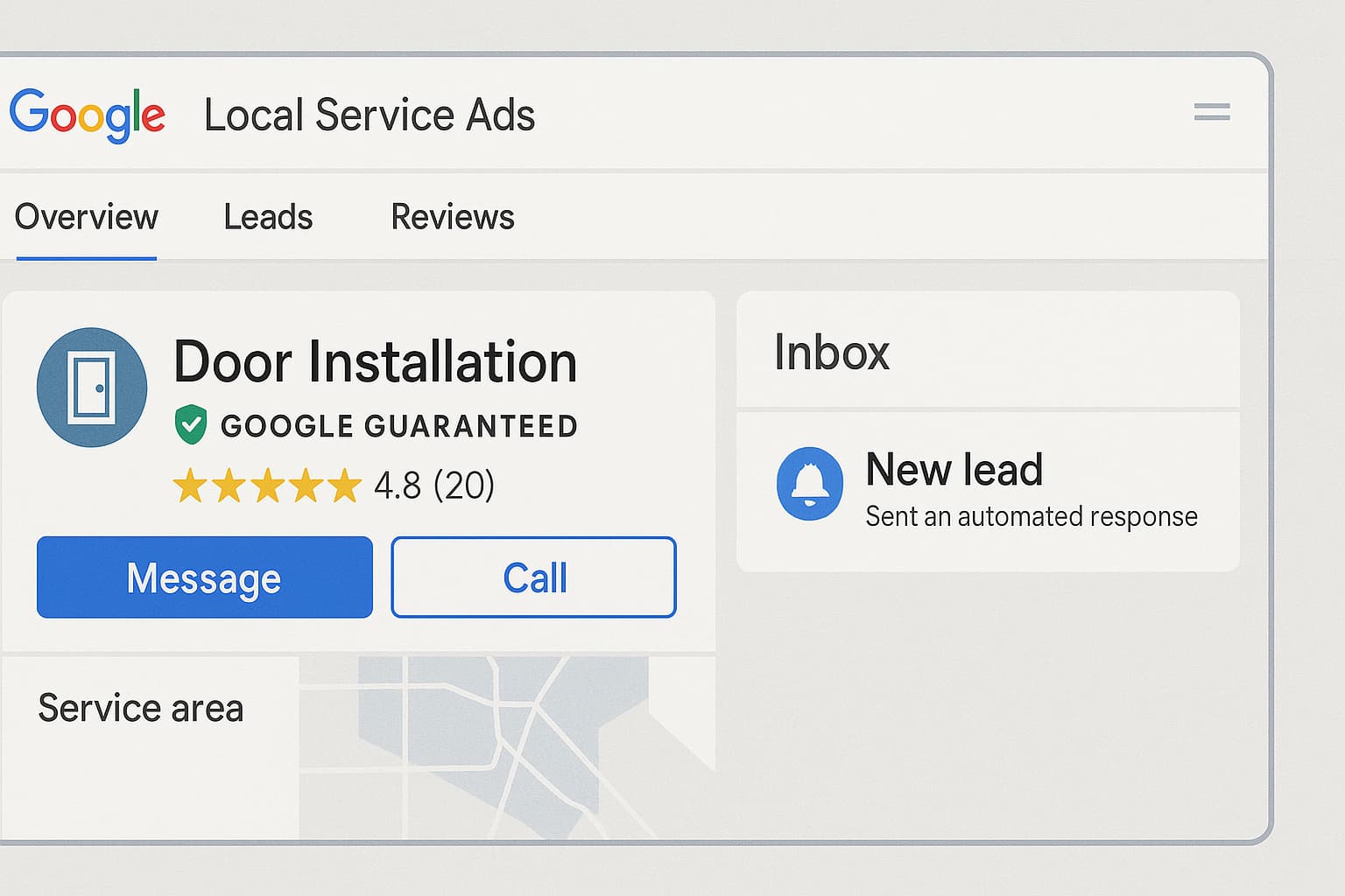 Google Local Service Ads interface for door installers showing pay-per-lead generation and automated text response integration.