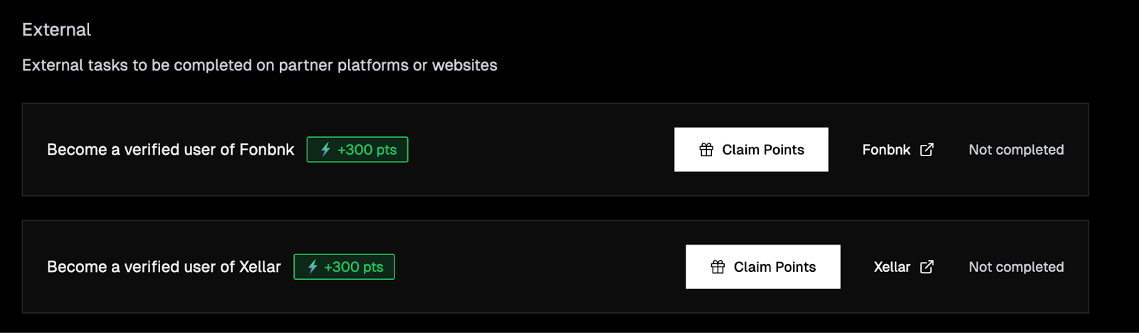 External Tasks to be completed on partner platforms or websites