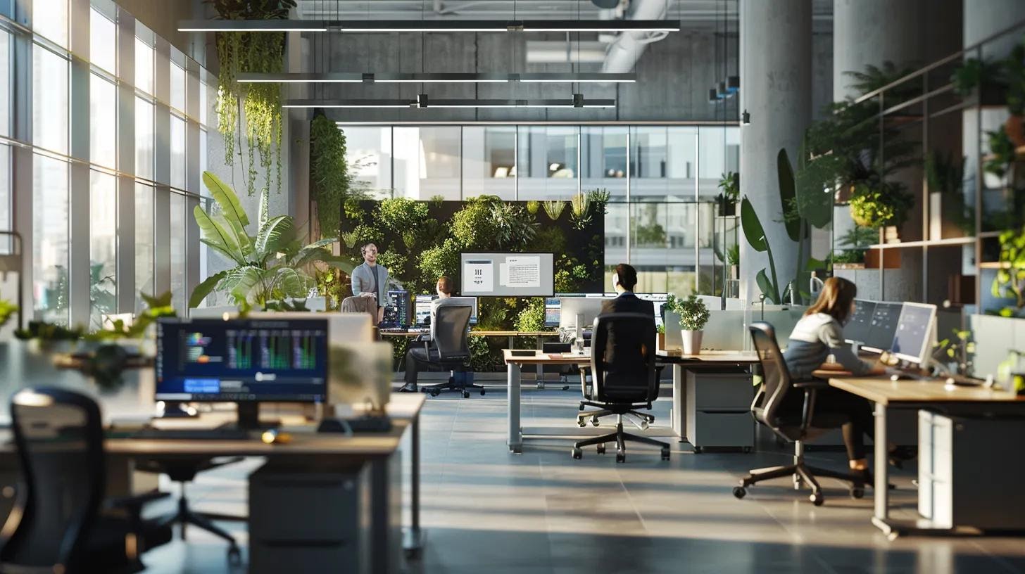 a modern office environment showcases a diverse team collaboratively engaging with user-friendly ai technology on sleek computers, embodying a proactive approach to overcoming organizational barriers to ai adoption.