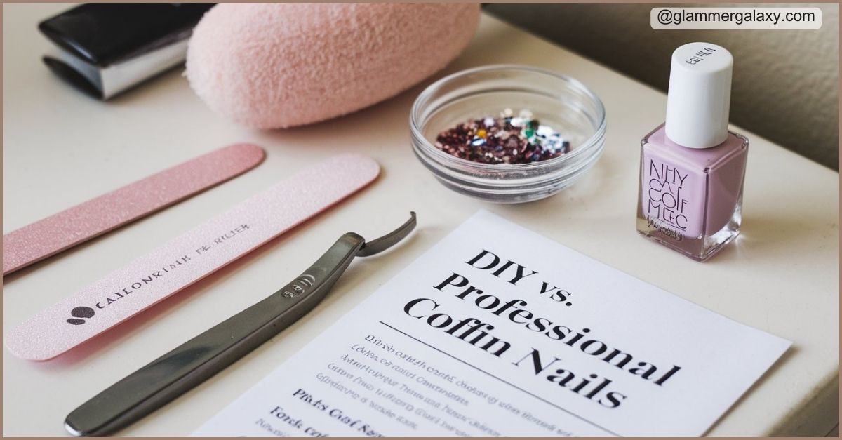 Nail polish, embellishments, tools, and a DIY vs. Professional Coffin Nails guide on a table.