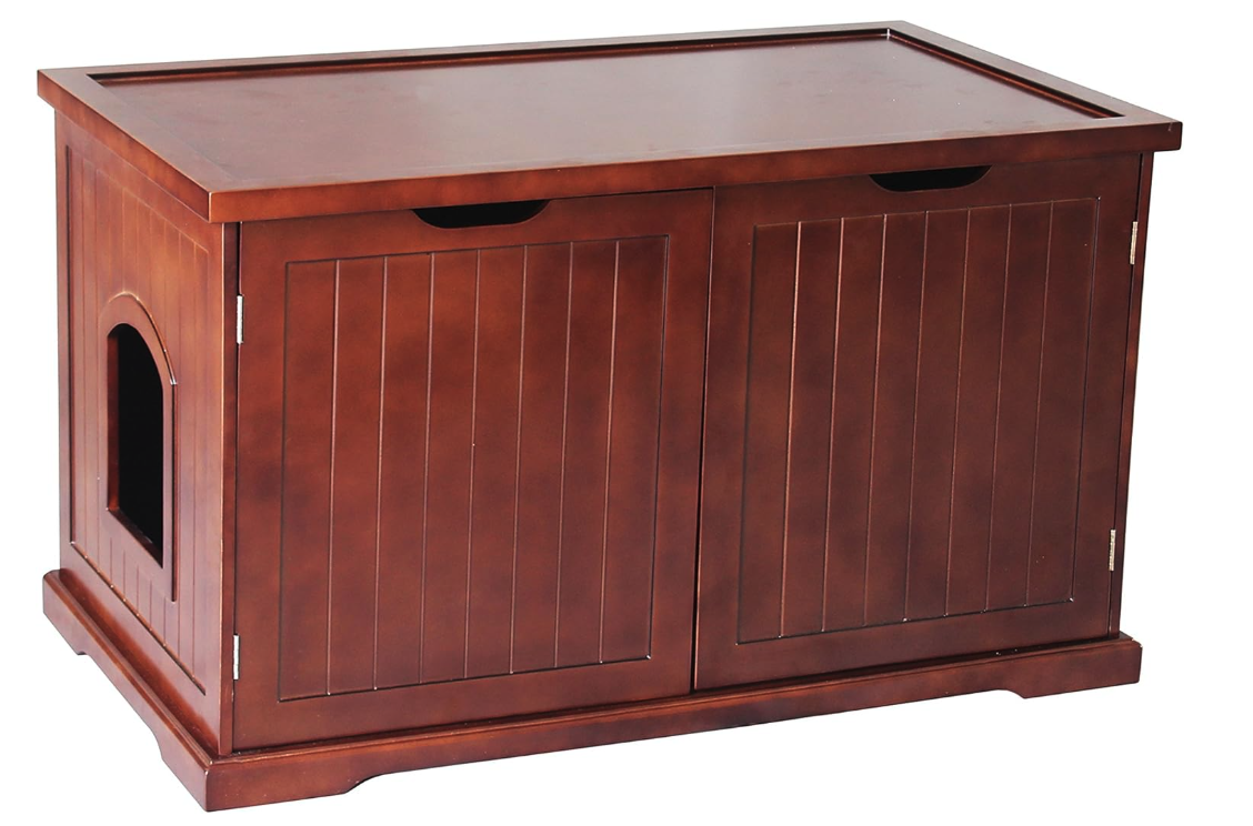 A Merry Pet Cat Washroom Bench in a rich brown finish, designed to discreetly hide a litter box and deter dogs.