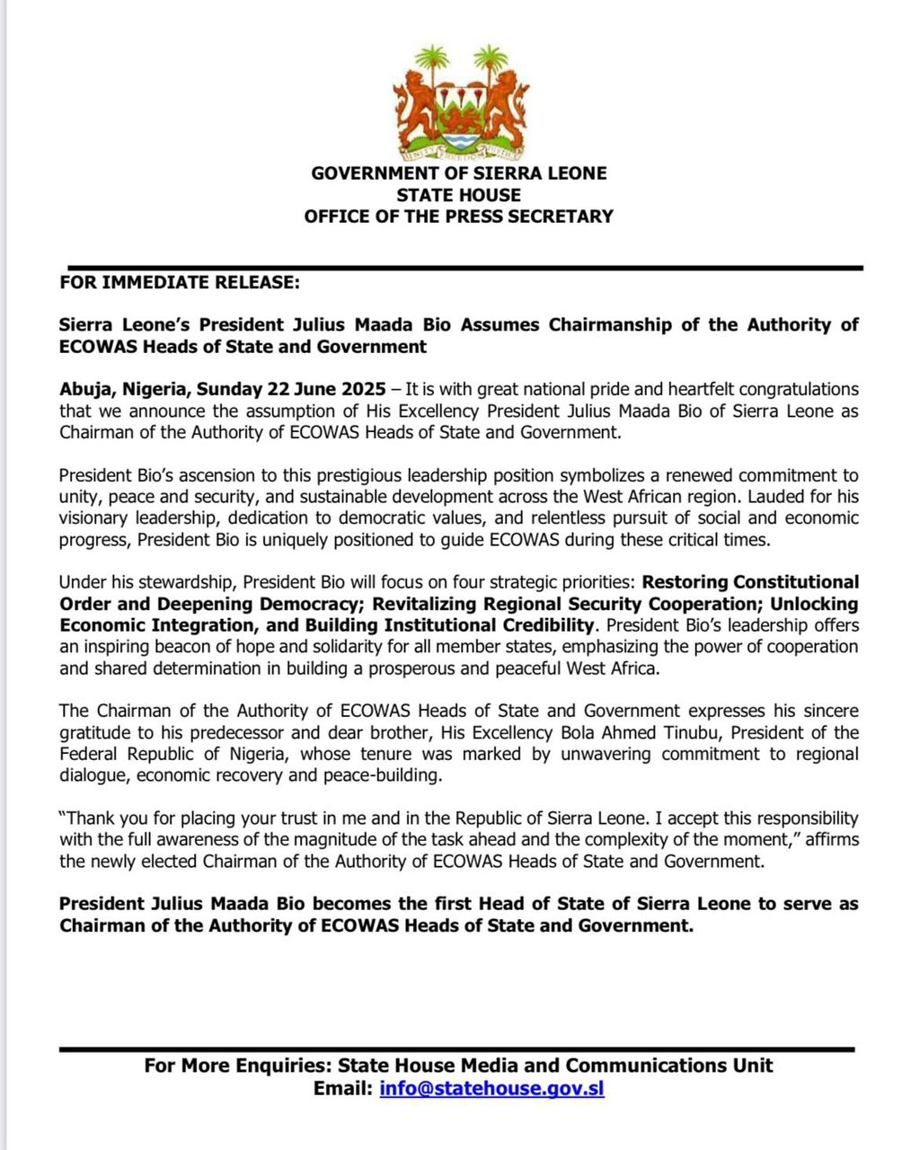False! President Maada Bio is not the first Sierra Leonean Head of State to head ECOWAS