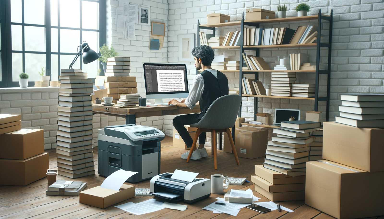 Man working at a desk surrounded by books and packages.