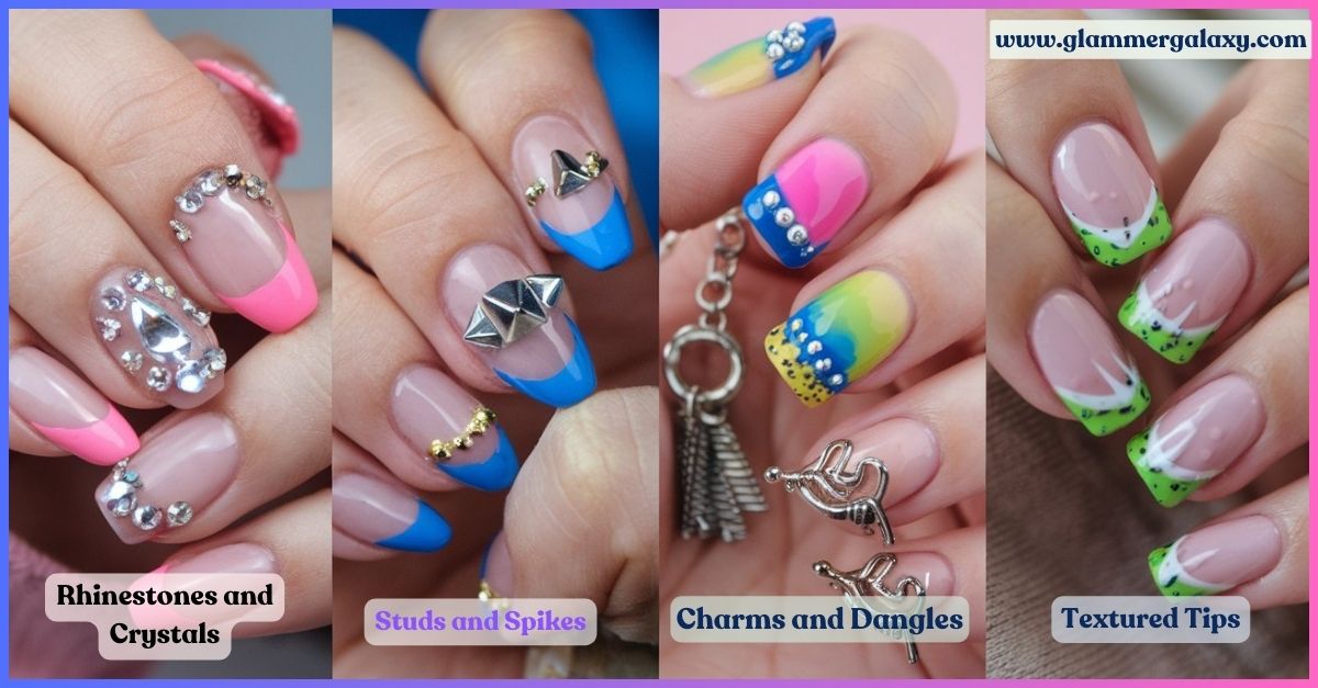 Decorated nails with rhinestones, studs, charms, and textured designs