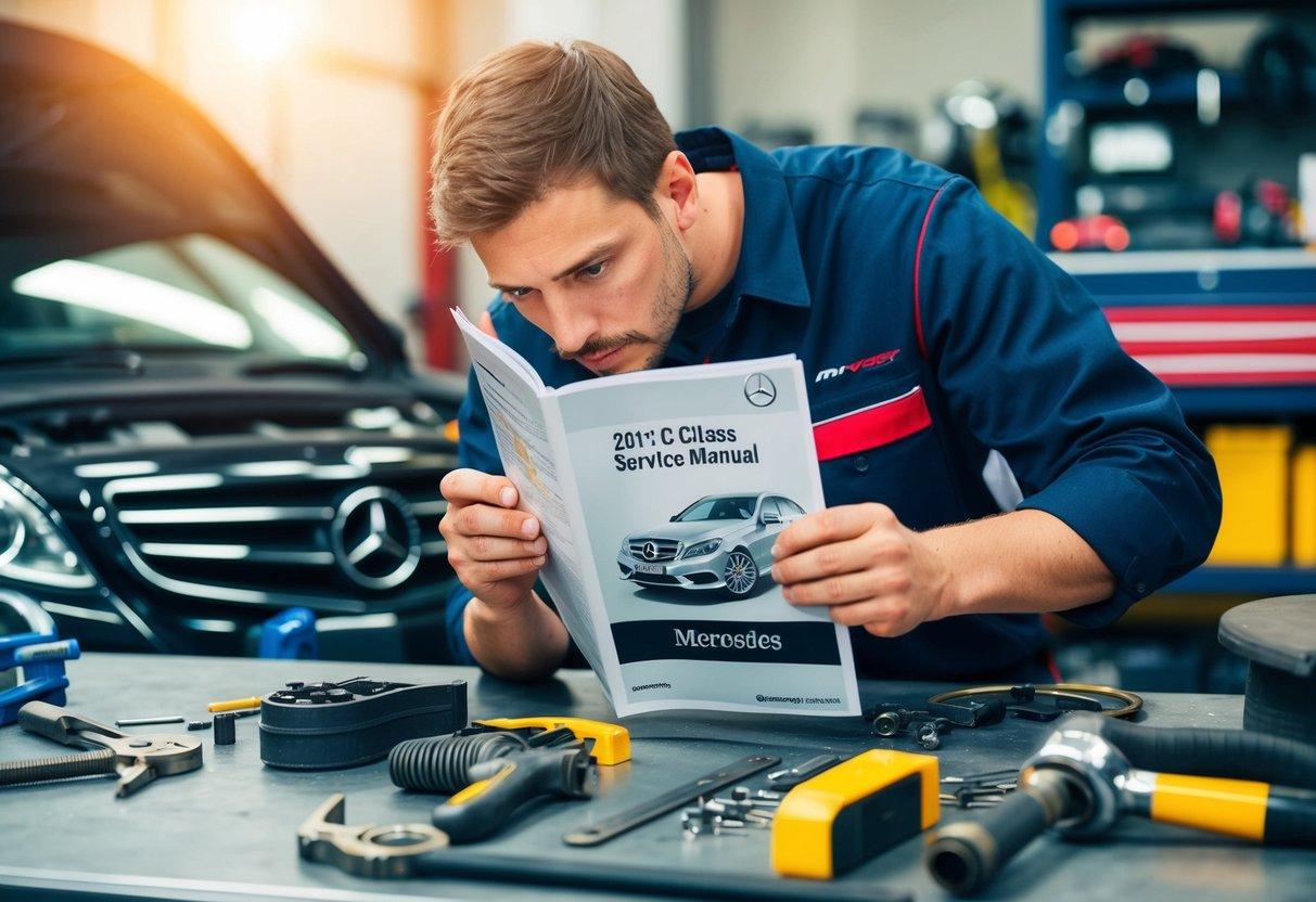 A mechanic studying a 2013 C Class Mercedes service manual at a cluttered workbench, with tools and parts scattered around