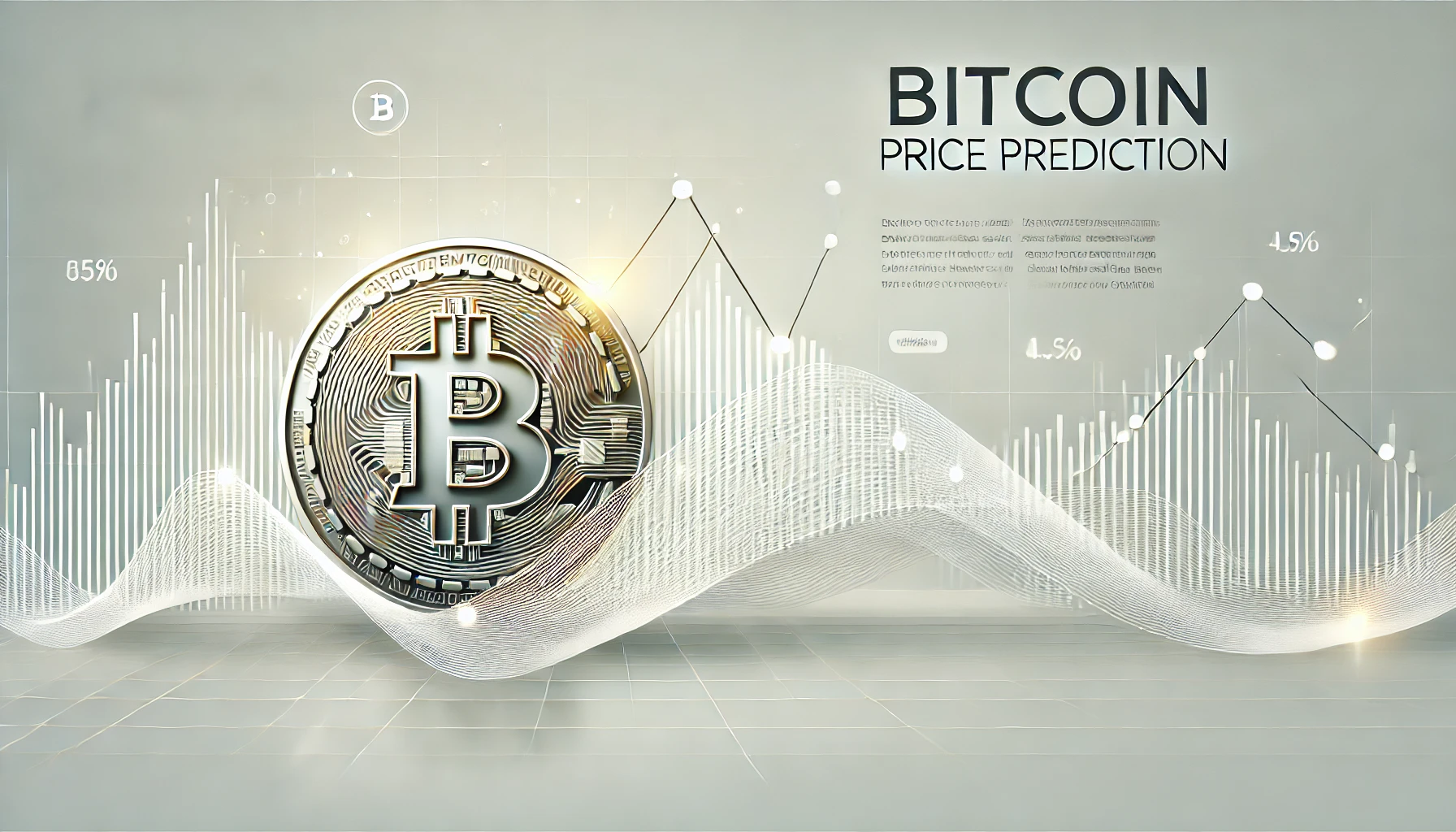 Bitcoin price prediction with futuristic trend charts, cryptocurrency analysis, and financial forecasting visuals in a clean modern design.