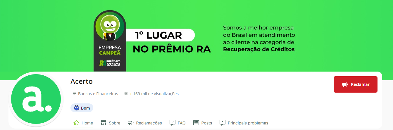 Print da página da Acerto no Reclame Aqui.