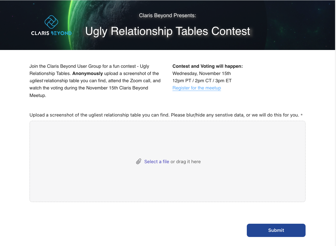 The upload page for the Claris Beyond Ugly Relationship Table Contest. The page shows a box to upload a file into as well as the instructions and due date for the contest.