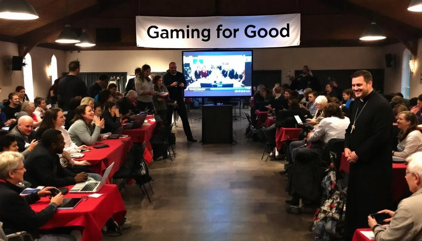In this image, a diverse group of individuals is gathered in a community center, discussing religious perspectives on gaming and charity. They are engaged in a charity auction featuring popular games, emphasizing ethical practices in the gaming industry and the importance of promoting positive social interactions while addressing gaming addiction and mental health concerns.