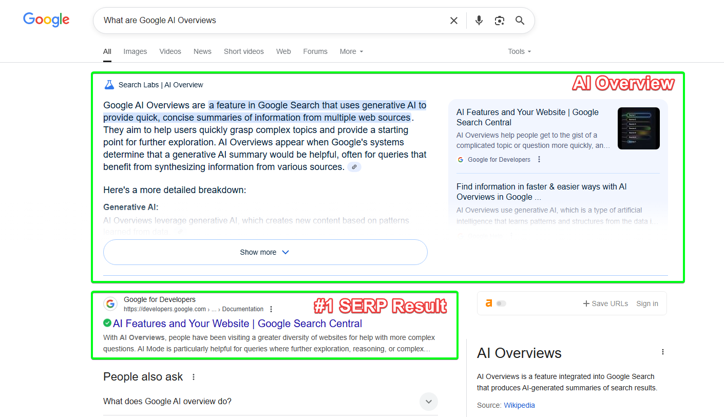 Screenshot of a Google AI Overview and the #1 search result in the SERPs
