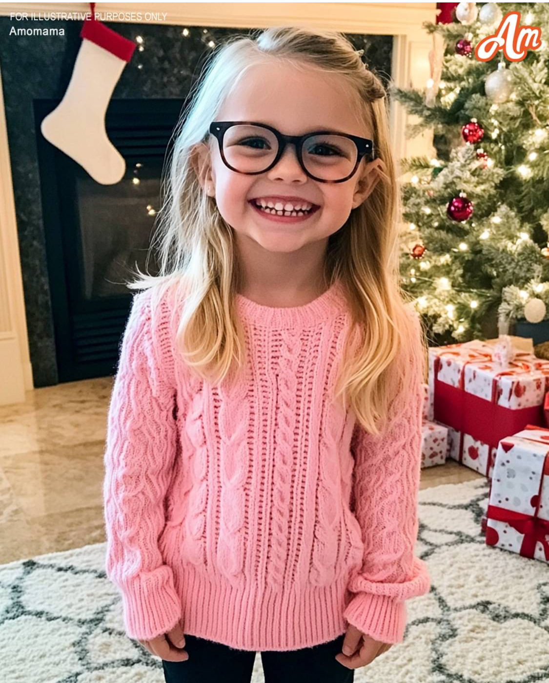 An adorable little girl in a pink sweater smiles in front of a Christmas tree. 